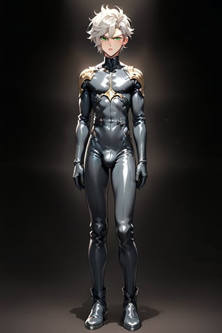 In a distant two-suns planet's alien valley, a young man with short grey hair and piercing green eyes, donning a rinoceros-shaped armor and black bodysuit, dashes forth. His androgynous features are accentuated by high cheekbones and a subtle jawline. He grasps black globes that hold a shotgun at the ready, his handsome face set in a determined expression. Mid-length hair blows back as he runs, revealing a glimpse of blonde locks beneath. Bulge-panted leather boots make him look both powerful and agile. Light lipstick adds a touch of sweetness to his pretty eyes, which seem to sparkle like the twin suns above.