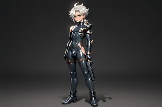 In a distant two-suns planet's alien valley, a young man with short grey hair and piercing green eyes, donning a rinoceros-shaped armor and black bodysuit, dashes forth. His androgynous features are accentuated by high cheekbones and a subtle jawline. He grasps black globes that hold a shotgun at the ready, his handsome face set in a determined expression. Mid-length hair blows back as he runs, revealing a glimpse of blonde locks beneath. Bulge-panted leather boots make him look both powerful and agile. Light lipstick adds a touch of sweetness to his pretty eyes, which seem to sparkle like the twin suns above.