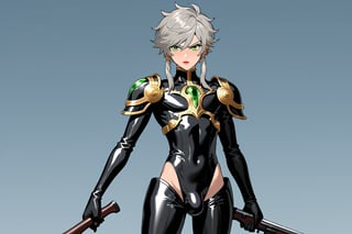 In a distant two-suns planet's alien valley, a young man with short grey hair and piercing green eyes, donning a rinoceros-shaped armor and black bodysuit, dashes forth. His androgynous features are accentuated by high cheekbones and a subtle jawline. He grasps black globes that hold a shotgun at the ready, his handsome face set in a determined expression. Mid-length hair blows back as he runs, revealing a glimpse of blonde locks beneath. Bulge-panted leather boots make him look both powerful and agile. Light lipstick adds a touch of sweetness to his pretty eyes, which seem to sparkle like the twin suns above.