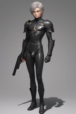 In a distant two-suns planet's alien valley, a young man with short grey hair and piercing green eyes, donning a rinoceros-shaped armor and black bodysuit, dashes forth. His androgynous features are accentuated by high cheekbones and a subtle jawline. He grasps black globes that hold a shotgun at the ready, his handsome face set in a determined expression. Mid-length hair blows back as he runs, revealing a glimpse of blonde locks beneath. Bulge-panted leather boots make him look both powerful and agile. Light lipstick adds a touch of sweetness to his pretty eyes, which seem to sparkle like the twin suns above.