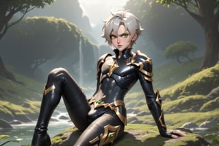 In a valley bathed in the warm glow of two setting suns on a distant planet, a young man with short grey hair and piercing green eyes, clad in a black bodysuit and rinoceros-shaped armor, dashes forth. His androgynous features are highlighted by high cheekbones and a subtle jawline as he grasps black globes containing a shotgun at the ready. The determined expression on his handsome face is set amidst mid-length hair blown back, revealing a glimpse of blonde locks beneath. Bulge-panted leather boots enhance his powerful yet agile appearance. Soft light lipstick adds a touch of sweetness to his sparkling green eyes, which seem to shine like the twin suns above.