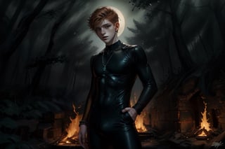 A midnight forest scene: a ghostly, androgynous young boy with pale skin and soft features is dressed in a tight, semi-transparent bodysuit made of black silk or lycra. The outfit shimmers like burning ashes, accentuating the boy's slender physique. Metallic necklaces and ankle bracelets glint in the darkness. His mannered pose exudes an air of mystique as he stands amidst the shadows, his dark ambient surroundings amplifying the sense of mystery.