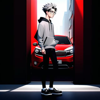 young androgynous boy in black thights lycra leggings and shirt dressed with open light grey hoodie and socks, pale skin, drop frame eyeglasses, hair cut is short youthful in layers for volume and long top strands towards the forehead, bicolor loafers, walking in a street with his laptop bag and a kia k3 red color car parked behind him,3d pixar style,Car

