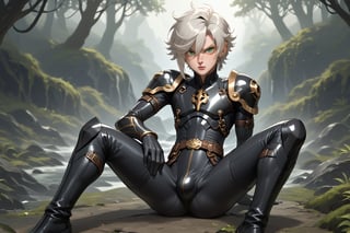 In a distant two-suns planet's alien valley, a young man with short grey hair and piercing green eyes, donning a rinoceros-shaped armor and black bodysuit, dashes forth. His androgynous features are accentuated by high cheekbones and a subtle jawline. He grasps black globes that hold a shotgun at the ready, his handsome face set in a determined expression. Mid-length hair blows back as he runs, revealing a glimpse of blonde locks beneath. Bulge-panted leather boots make him look both powerful and agile. Light lipstick adds a touch of sweetness to his pretty eyes, which seem to sparkle like the twin suns above.