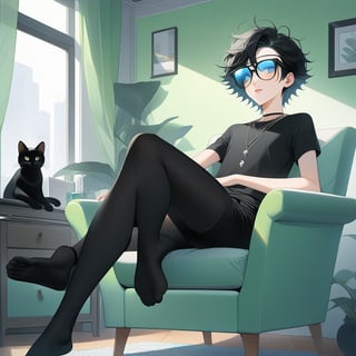 androgynous slim boy, necklace, wearing black pantys and high-thights socks, short black hair, pale skin, eyewear, sit with with her legs raised supported by her graceful arms and the tips of her feet up in a armchair, inside in a modern bedroom and fluffy black cat rest in window,

