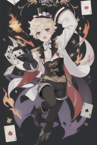 Lyney (genshin impact), boy with black and shiny high tights, black gloves, androgynous boy, tall top hat magician, soft and skinny body, white skin, rose cheeks and nose, short cut blonde hair, Full body shot, victorian corset with shorts and white sleeves, doing a magician show with fire cards and a bow, Silly cat, highres,boy ,1boy, victorian Mid-Calf Boots Black Leather,Manjiro Sano,BoyKisserFur