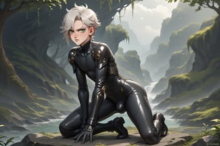 In a distant two-suns planet's alien valley, a young man with short grey hair and piercing green eyes, donning a rinoceros-shaped armor and black bodysuit, dashes forth. His androgynous features are accentuated by high cheekbones and a subtle jawline. He grasps black globes that hold a shotgun at the ready, his handsome face set in a determined expression. Mid-length hair blows back as he runs, revealing a glimpse of blonde locks beneath. Bulge-panted leather boots make him look both powerful and agile. Light lipstick adds a touch of sweetness to his pretty eyes, which seem to sparkle like the twin suns above.