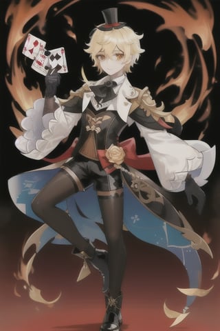 Lyney (genshin impact), boy with black and shiny high tights, black gloves, androgynous boy, top hat magician, soft and skinny body, white skin, rose cheeks and nose, short cut blonde hair, Full body shot, victorian corset with shorts and white sleeves, doing a magician show with fire cards and a bow, Silly cat, highres,boy ,1boy, Mid-Calf Riding Boot Black Leather,