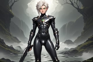 In a distant two-suns planet's alien valley, a young man with short grey hair and piercing green eyes, donning a rinoceros-shaped armor and black bodysuit, dashes forth. His androgynous features are accentuated by high cheekbones and a subtle jawline. He grasps black globes that hold a shotgun at the ready, his handsome face set in a determined expression. Mid-length hair blows back as he runs, revealing a glimpse of blonde locks beneath. Bulge-panted leather boots make him look both powerful and agile. Light lipstick adds a touch of sweetness to his pretty eyes, which seem to sparkle like the twin suns above.