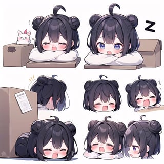 1girl, black_hair, white_shirt, cute, chibi, bun head bob,STICKERS 