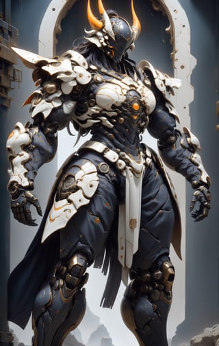 Create image of a futuristic, biomechanical warrior standing majestically. The figure is predominantly ivory and metallic black with golden-glowing intricate patterns resembling circuitry across the body. Style is detailed and hyper-realistic, textures suggesting both organic and synthetic materials. The warrior's armor is highly ornamental and segmented, comprising layered plate-like structures with curvilinear edges and sharp spikes. The helmet features elongated, horn-like protrusions that arch backwards and taper to fine points, with a V-shaped visor that obscures the eyes, emitting an orange glow. Proportions are heroic, slightly elongated and exaggerated, with broad shoulders and a tapered waist, creating an imposing presence. The armor's design is anatomical, with each piece following the form of the muscles beneath. The background is a deep space scene, predominantly black with soft white star highlights, providing contrast that emphasizes the figure. There are subtle nebulas with faint hints of blue and purple, adding depth but not distracting from the main subject. The foreground focuses on the figure, with no additional elements to challenge the dominance of the warrior. Light sources seem to come from multiple directions, creating dynamic lighting which accentuates the textures and details of the armor, especially the glowing patterns.