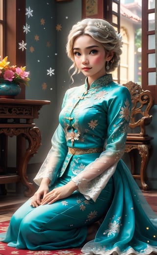 a painting of (ELSA) wearing (peranakan traditional kebaya), (sitting on the floor) (admiring a snowflake) on her hand, bokeh