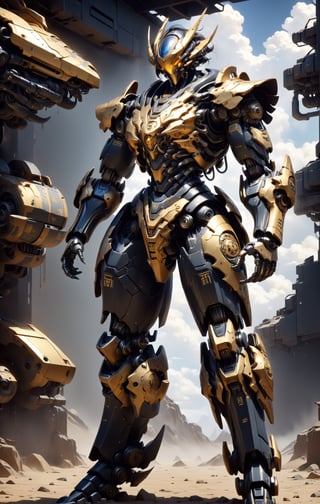 Create image of a detailed, mechanical robot design featuring a prominent deep blue and black color scheme with gold and yellow accents. The robot has complex armor plating with a sleek, non-organic aesthetic. Multiple layers and sections of armor show fine, intricate details, and the interplay of metallic surfaces gives off a reflective quality. Golden Japanese Kanji characters are prominently featured on the chest and various parts of the body, providing a striking contrast to the darker tones. The robot appears to be standing, with one arm slightly raised and the hand gripping a part of its chest armor, which suggests dynamic motion. The background is a blurred sky with clouds that suggest an outdoor setting, with light predominantly coming from above, casting subtle shadows across the robot's form. The use of light and shadow accentuates the three-dimensional aspect of the subject. Some text, including "VEX" and "DOMINATOR," is written on the armor in smaller print, contributing to the militaristic look. nvidia rtx, super-resolution, unreal 5, subsurface scattering, pbr texturing, 32k UHD