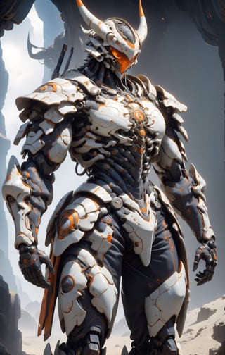 Create image of a futuristic, biomechanical warrior standing majestically. The figure is predominantly ivory and metallic silver with orange-glowing intricate patterns resembling circuitry across the body. Style is detailed and hyper-realistic, textures suggesting both organic and synthetic materials. The warrior's armor is highly ornamental and segmented, comprising layered plate-like structures with curvilinear edges and sharp spikes. The helmet features elongated, horn-like protrusions that arch backwards and taper to fine points, with a V-shaped visor that obscures the eyes, emitting an orange glow. Proportions are heroic, slightly elongated and exaggerated, with broad shoulders and a tapered waist, creating an imposing presence. The armor's design is anatomical, with each piece following the form of the muscles beneath. The background is a deep space scene, predominantly black with soft white star highlights, providing contrast that emphasizes the figure. There are subtle nebulas with faint hints of blue and purple, adding depth but not distracting from the main subject. The foreground focuses on the figure, with no additional elements to challenge the dominance of the warrior. Light sources seem to come from multiple directions, creating dynamic lighting which accentuates the textures and details of the armor, especially the glowing patterns.