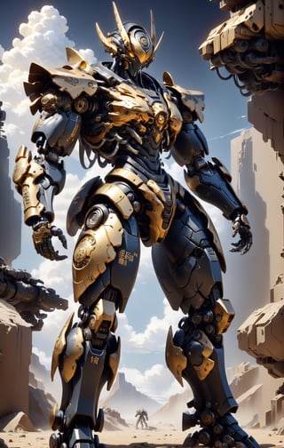 Create image of a detailed, mechanical robot design featuring a prominent deep blue and black color scheme with gold and yellow accents. The robot has complex armor plating with a sleek, non-organic aesthetic. Multiple layers and sections of armor show fine, intricate details, and the interplay of metallic surfaces gives off a reflective quality. Golden Japanese Kanji characters are prominently featured on the chest and various parts of the body, providing a striking contrast to the darker tones. The robot appears to be standing, with one arm slightly raised and the hand gripping a part of its chest armor, which suggests dynamic motion. The background is a blurred sky with clouds that suggest an outdoor setting, with light predominantly coming from above, casting subtle shadows across the robot's form. The use of light and shadow accentuates the three-dimensional aspect of the subject. Some text, including "VEX" and "DOMINATOR," is written on the armor in smaller print, contributing to the militaristic look. nvidia rtx, super-resolution, unreal 5, subsurface scattering, pbr texturing, 32k UHD