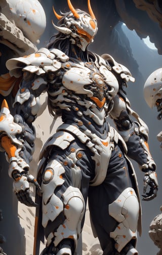 Create image of a futuristic, biomechanical warrior standing majestically. The figure is predominantly ivory and metallic silver with orange-glowing intricate patterns resembling circuitry across the body. Style is detailed and hyper-realistic, textures suggesting both organic and synthetic materials. The warrior's armor is highly ornamental and segmented, comprising layered plate-like structures with curvilinear edges and sharp spikes. The helmet features elongated, horn-like protrusions that arch backwards and taper to fine points, with a V-shaped visor that obscures the eyes, emitting an orange glow. Proportions are heroic, slightly elongated and exaggerated, with broad shoulders and a tapered waist, creating an imposing presence. The armor's design is anatomical, with each piece following the form of the muscles beneath. The background is a deep space scene, predominantly black with soft white star highlights, providing contrast that emphasizes the figure. There are subtle nebulas with faint hints of blue and purple, adding depth but not distracting from the main subject. The foreground focuses on the figure, with no additional elements to challenge the dominance of the warrior. Light sources seem to come from multiple directions, creating dynamic lighting which accentuates the textures and details of the armor, especially the glowing patterns.