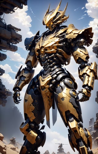 Create image of a detailed, mechanical robot design featuring a prominent deep blue and black color scheme with gold and yellow accents. The robot has complex armor plating with a sleek, non-organic aesthetic. Multiple layers and sections of armor show fine, intricate details, and the interplay of metallic surfaces gives off a reflective quality. Golden Japanese Kanji characters are prominently featured on the chest and various parts of the body, providing a striking contrast to the darker tones. The robot appears to be standing, with one arm slightly raised and the hand gripping a part of its chest armor, which suggests dynamic motion. The background is a blurred sky with clouds that suggest an outdoor setting, with light predominantly coming from above, casting subtle shadows across the robot's form. The use of light and shadow accentuates the three-dimensional aspect of the subject. Some text, including "VEX" and "DOMINATOR," is written on the armor in smaller print, contributing to the militaristic look. nvidia rtx, super-resolution, unreal 5, subsurface scattering, pbr texturing, 32k UHD