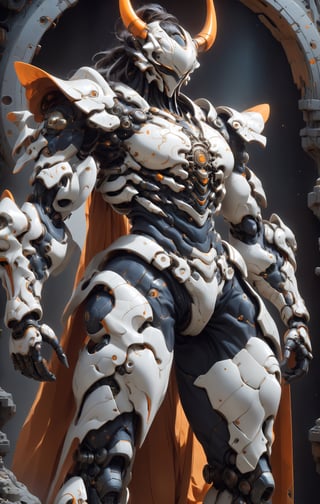 Create image of a futuristic, biomechanical warrior standing majestically. The figure is predominantly ivory and metallic silver with orange-glowing intricate patterns resembling circuitry across the body. Style is detailed and hyper-realistic, textures suggesting both organic and synthetic materials. The warrior's armor is highly ornamental and segmented, comprising layered plate-like structures with curvilinear edges and sharp spikes. The helmet features elongated, horn-like protrusions that arch backwards and taper to fine points, with a V-shaped visor that obscures the eyes, emitting an orange glow. Proportions are heroic, slightly elongated and exaggerated, with broad shoulders and a tapered waist, creating an imposing presence. The armor's design is anatomical, with each piece following the form of the muscles beneath. The background is a deep space scene, predominantly black with soft white star highlights, providing contrast that emphasizes the figure. There are subtle nebulas with faint hints of blue and purple, adding depth but not distracting from the main subject. The foreground focuses on the figure, with no additional elements to challenge the dominance of the warrior. Light sources seem to come from multiple directions, creating dynamic lighting which accentuates the textures and details of the armor, especially the glowing patterns.