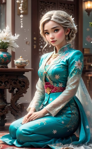 a painting of (ELSA) wearing (peranakan traditional kebaya), (sitting on the floor) (admiring a snowflake) on her hand, bokeh