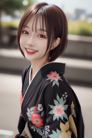 1girl, solo, looking at viewer, short hair, bangs, brown hair, upper body, outdoors, parted lips, japanese clothes, day, kimono, blurry, black eyes, lips, blurry background, floral print,smile