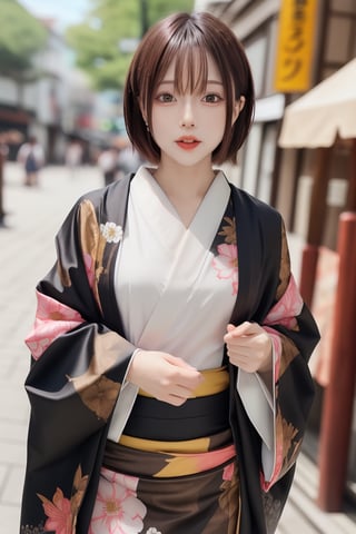 1girl, solo, looking at viewer, short hair, bangs, brown hair, upper body, outdoors, parted lips, japanese clothes, day, kimono, blurry, black eyes, lips, blurry background, floral print