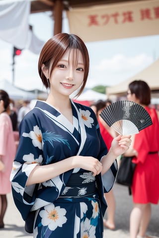 mikas
A beautiful lady wearing a yukata and holding a fan participates in a summer festival,smile