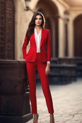 Photorealistic portrait of a 25-year-old very beautiful Armenian model wearing an elegant red closed business suit, she should be illuminated by global light, photo from the waist up. the background should be a picturesque open area.  Make this image a high resolution light photo using an 85mm lens to get a good perspective.