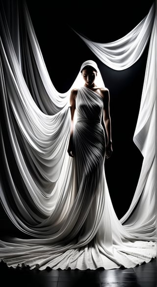 Split Lighting style,A modern artistic photograph of a woman, enveloped by an array of sweeping, flowing fabrics. This image captures the essence of contemporary art photography with a strong emphasis on light, shadow, and high contrast. adds a sense of mystery and anonymity, while the dynamic arrangement of the fabrics creates a sense of movement and fluidity. The photograph uses a monochrome color scheme to focus on the dramatic interplay of light and dark, highlighting the delicate textures and patterns of the fabrics against the woman's obscured face.