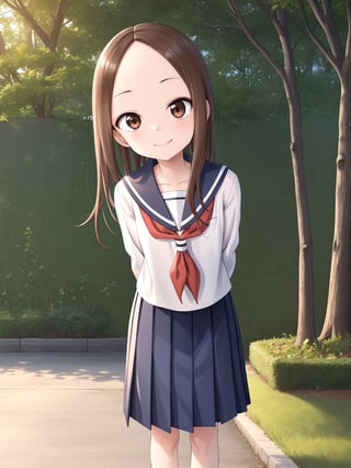 masterpiece,
Takagi-san, young, white shirt, sailor shirt, holding school bag, Riverside in the evening, Lyrical Scene, Arms behind back,Leaning forward