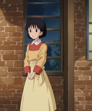 source_anime, 1girl, solo, Shizuku, blackhair, blackeyes,beautiful_female_fingers,

standing, brick wall, wood, window, Stairs, cowboy shot