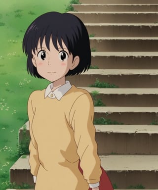 source_anime, 1girl, solo, Shizuku, blackhair, blackeyes,beautiful_female_fingers,

dash, Stairs, green_field, cowboy, shot, face focus,