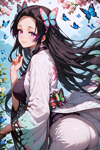 core_9, score_8_up, score_7_up, score_6_up, source_anime,
1girl, (kanaekochodg), long hair, solo, mature female, medium-large breasts, butterfly, black hair, butterfly hair ornament, multicolored hair, hair ornament, purple eyes, round ass,

light smile, light blush,

head tilt, looking at viewer, from front,
beautiful_female_fingers,kanaekochodg,