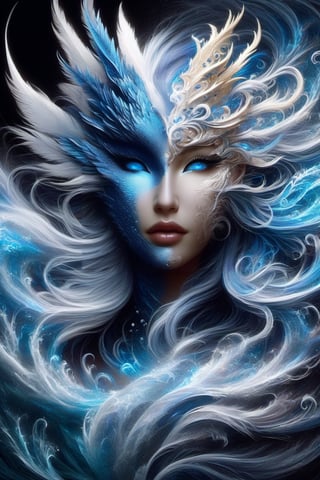 ice and water dragon, anthropomorphic. head and shoulders portrait, hyperdetailed, 1girl, four elements, shadowlike deity, dreamlike, breathtaking hyperdetailed fantasy art, beautiful water cold colours, insane depth, perfect composition, intricate detail, beautiful vibrant background 1girl, solo, hair ornament, blue eyes, flower, lips, ocean flowing water, feathers, realistic, dark
