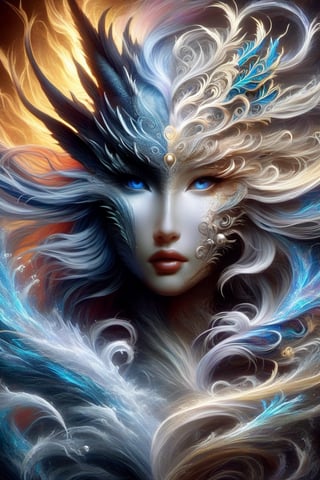 ice and water dragon, anthropomorphic. head and shoulders portrait, hyperdetailed, 1girl, four elements, shadowlike deity, dreamlike, breathtaking hyperdetailed fantasy art, beautiful water cold colours, insane depth, perfect composition, intricate detail, beautiful vibrant background 1girl, solo, hair ornament, blue eyes, flower, lips, ocean flowing water, feathers, realistic, dark
