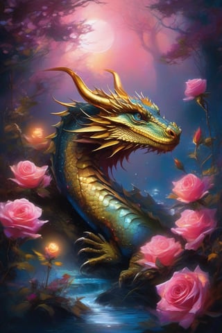 beautiful water dragon, centred, fantasy forest at night, dark blue sky, photo, beautiful glowing pink and gold roses, beautiful, Michael Garmash, Carne Griffiths, Jean Baptiste Monge, strybk style, warm dreamy lighting, matte background, volumetric lighting, fluid acrylic, dynamic gradients, bold color, illustration, highly detailed, simple, smooth and clean vector curves, no jagged lines