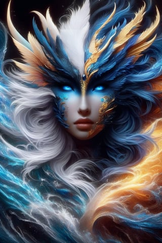 ice and water dragon, anthropomorphic. head and shoulders portrait, hyperdetailed, 1girl, four elements, shadowlike deity, dreamlike, breathtaking hyperdetailed fantasy art, beautiful water cold colours, insane depth, perfect composition, intricate detail, beautiful vibrant background 1girl, solo, hair ornament, blue eyes, flower, lips, ocean flowing water, feathers, realistic, dark
