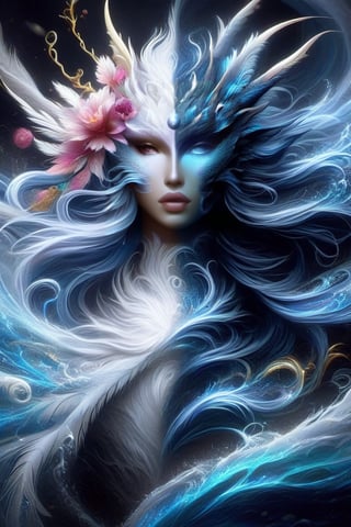 ice and water dragon, anthropomorphic. head and shoulders portrait, hyperdetailed, 1girl, four elements, shadowlike deity, dreamlike, breathtaking hyperdetailed fantasy art, beautiful water cold colours, insane depth, perfect composition, intricate detail, beautiful vibrant background 1girl, solo, hair ornament, blue eyes, flower, lips, ocean flowing water, feathers, realistic, dark
