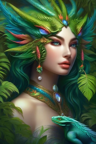 nature and water dragon, anthropomorphic. head and shoulders portrait, hyperdetailed, 1girl, shadowlike deity, dreamlike, breathtaking hyperdetailed fantasy art, beautiful colours, insane depth, perfect composition, intricate detail, beautiful vibrant background 1girl, solo, hair ornament, green eyes, flower, lips, leaf, feathers, realistic, dark
