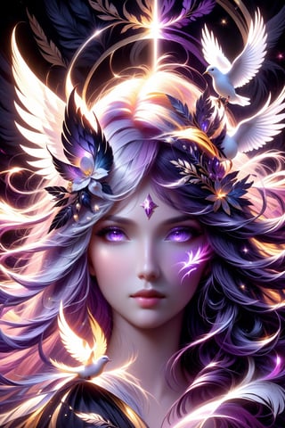 black background, 1girl, solo, long hair, looking at viewer, hair ornament, purple eyes, yellow eyes, purple hair, flower, white hair, hair flower, lips, book, glowing, colored skin, bird, animal, watermark, feathers, portrait, forehead jewel, dove, beautiful watercolour, fantasy art beautiful colours head and shoulders portrait, 8k resolution concept art portrait by Greg Rutkowski, Artgerm, WLOP, Alphonse Mucha dynamic lighting hyperdetailed intricately detailed Splash art trending on Artstation triadic colors Unreal Engine 5 volumetric lighting

