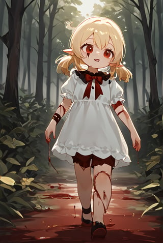 8K,4K,masterpiece,best quality,High quality eye details,red_eyes, blonde_hair, medium_hair, low_twintails, sidelocks, ahoge, pointy_ears, flat_chest,(Bloody Bunny),Klee_(Genshin_Impact),red mushy liquid,zombie,(Walking in the bloody forest)