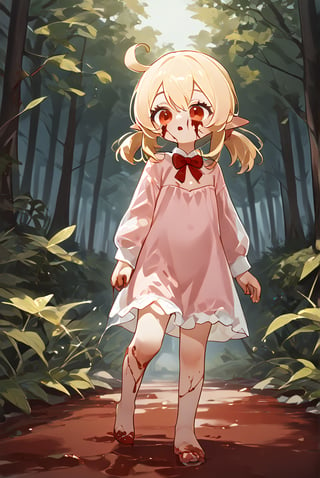 8K,4K,masterpiece,best quality,High quality eye details,red_eyes, blonde_hair, medium_hair, low_twintails, sidelocks, ahoge, pointy_ears, flat_chest,(Bloody Bunny),Klee_(Genshin_Impact),red mushy liquid,zombie,(Walking in the bloody forest)