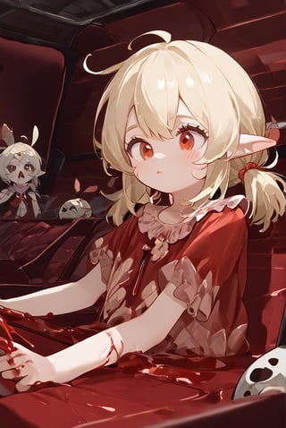 8K,4K,masterpiece,best quality,High quality eye details,red_eyes, blonde_hair, medium_hair, low_twintails, sidelocks, ahoge, pointy_ears, flat_chest,Bloody Bunny,Klee_(Genshin_Impact),red mushy liquid,(zombie),caesarean section, intestines,Operating theater