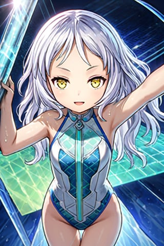 POLE DANCE , Anime style, 4K UHD, high quality, masterpiece:1.5
Character: 1 girl (solo), 14yo, short white hair :1.2, yellow eyes, open mouth, smiling, cheerful expression

Outfit: (high-tech sleek one-piece swimsuit):1.5, (blue and white and 
green pattern and holographic design):1.3, 

Pose: POLE DANCE:1.3

Setting: ballroom:1.4, (clear acrylic walls):1.2, advanced timing systems, holographic scoreboards

Props: 


Atmosphere: Astigmatism, different light sources

Details: sharp focus, detailed water textures, droplets on skin, photoreal:1.2
Style: anime, sports, futuristic, advanced technology