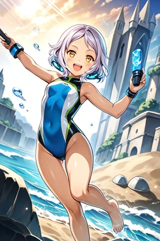 score_7, score_6_up, score_5_up, score_4_up, Melina , Anime style, 4K UHD, high quality, masterpiece:1.5 Character: 1 girl (solo), 14yo, short hair, short white hair :1.2, yellow eyes, open mouth, smiling, cheerful expression Outfit: (high-tech sleek one-piece swimsuit):1.5, (blue and white and green pattern and holographic design):1.3, Pose: Beach water play:1.3, splash water, Setting: Beach, Sunlight, Props: blister, sand castle, Show feet, Lift with one foot, Atmosphere: Astigmatism, different light sources Details: sharp focus, detailed water textures, droplets on skin, photoreal:1.2 Style: anime, sports, futuristic, advanced technology