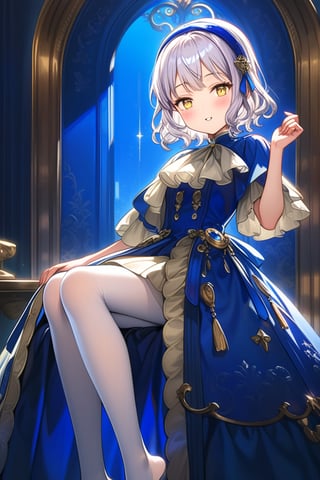 12yo, Melina with short white hair and yellow eyes, wearing blue clothes, white pantyhose, and a blue headband ,short hair.

(girl boldly steps on the man's head with her foot, showcasing her confidence and sassiness.):1.5


The scene is framed by an elegant palace background, radiating divine light.

She the dress glinting in the soft lighting. Her parted lips form a arrogant smile as she holds up her hand, showcasing her elegant demeanor. 

The scene is set against a rich blue backdrop, with a hint of blush on Melina's cheeks, giving off an air of sweetness and innocence.