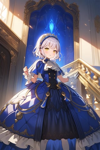 12yo, Melina with short white hair and yellow eyes, wearing blue clothes, white pantyhose, and a blue headband ,short hair.

(girl boldly steps on the man's head with her foot, showcasing her confidence and sassiness.):1.5


The scene is framed by an elegant palace background, radiating divine light.

She the dress glinting in the soft lighting. Her parted lips form a arrogant smile as she holds up her hand, showcasing her elegant demeanor. 

The scene is set against a rich blue backdrop, with a hint of blush on Melina's cheeks, giving off an air of sweetness and innocence.