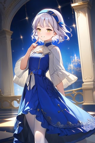 12yo, Melina with short white hair and yellow eyes, wearing blue clothes, white pantyhose, and a blue headband ,short hair.

(girl boldly steps on the man's head with her foot, showcasing her confidence and sassiness.):1.5


The scene is framed by an elegant palace background, radiating divine light.

She the dress glinting in the soft lighting. Her parted lips form a arrogant smile as she holds up her hand, showcasing her elegant demeanor. 

The scene is set against a rich blue backdrop, with a hint of blush on Melina's cheeks, giving off an air of sweetness and innocence.