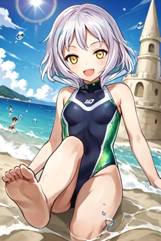 score_7, score_6_up, score_5_up, score_4_up, Melina , Anime style, 4K UHD, high quality, masterpiece:1.5 Character: 1 girl (solo), 14yo, short hair, short white hair :1.2, yellow eyes, open mouth, smiling, cheerful expression Outfit: (high-tech sleek one-piece swimsuit):1.5, (blue and white and green pattern and holographic design):1.3, Pose: Beach water play:1.3, splash water, Setting: Beach, Sunlight, Props: blister, sand castle, Show feet, Lift with one foot, Atmosphere: Astigmatism, different light sources Details: sharp focus, detailed water textures, droplets on skin, photoreal:1.2 Style: anime, sports, futuristic, advanced technology