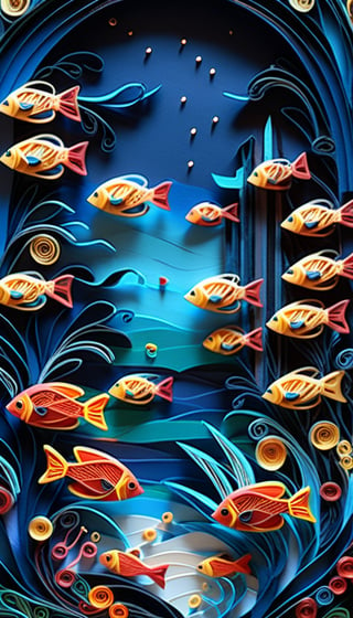 (Multilayer and multidimensional paper cut craft, paper illustration, paper quilling, 3D, colorful illustration of the sea with tropical fish, dark blue background, fantasy, fractal, beautiful color grade, magical mysterious landscape paper Quilling landscape, ultimate perfect Beautiful and magnificent composition, highly detailed and intricate design, rim light, ultra-detailed, ultra-realistic, photorealistic), Detailed Textures, high quality, high resolution, high Accuracy, realism, color correction, Proper lighting settings, harmonious composition, Behance works,Cinematic,IMGFIX,ct-jeniiii