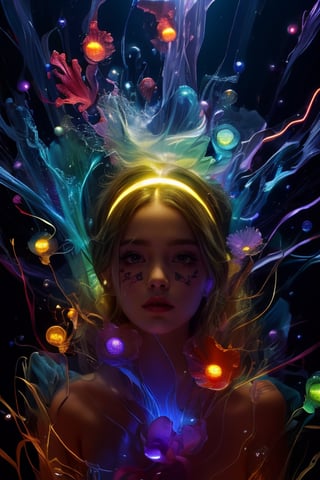 ((Top Quality)), ((Masterpiece)), ((Genuine)), Portrait,
A girl, a celestial body, a god, a goddess, a particle of light, a halo, a line of sight,
(Bioluminescence: 0.95) Many bioluminescent, lightning bolts and separated human limbs float in the rainbow-colored glass, bright, colorful, (glow, glow),
(beautiful composition), cinematic lighting, complex, (symmetry: 0.5), eccentric, absurd,